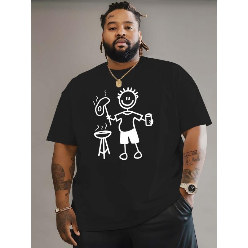 European Size Men's Large Barbecue Pattern T-Shirt - Oversized Casual Summer T-Shirt with Barbecue Illustration