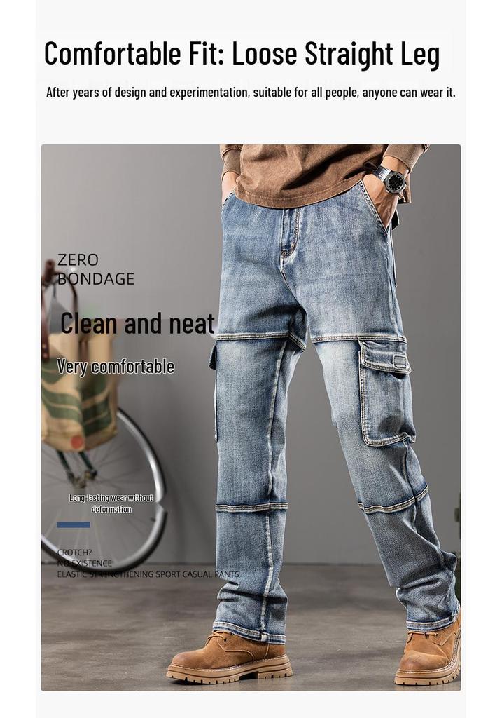 Men's Plus Size Wide Leg Multi-Pocket Workwear Denim Pants