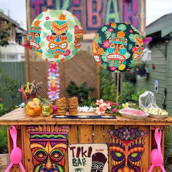 Yousheng Round Paper Tiki Lantern Luau Tropical Hanging Lantern Decoration Hawaii Party Supplies for Summer Beach Jungle Party Decor