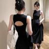 Black Dress Children's Summer New Spring and Autumn Long-sleeved French Hepburn Style Waist Vest Sleeveless Suspender Long Dress