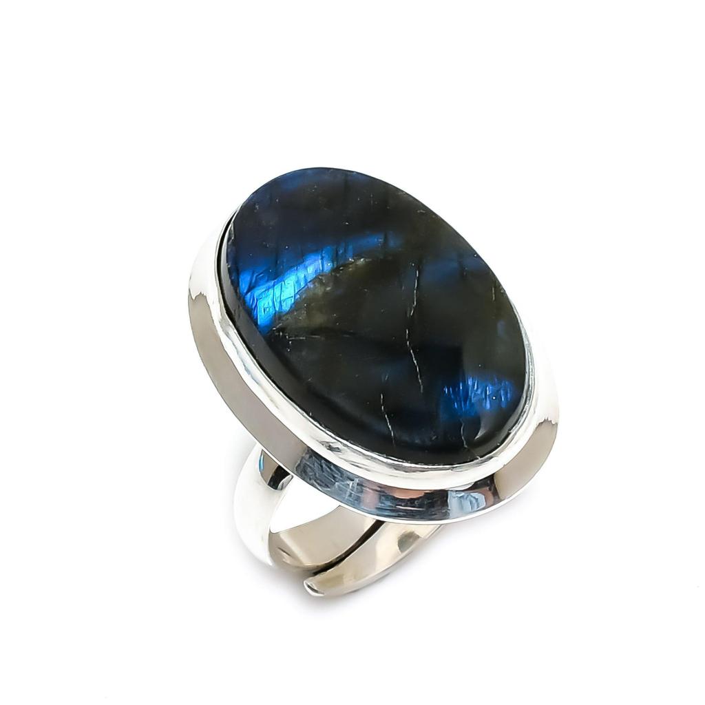 Natural Labradorite Adjustable 925 Sterling Silver Ring - Fits US Sizes 6 To 11 - Handmade Boho Jewelry for Women & Men, Gift For Mom