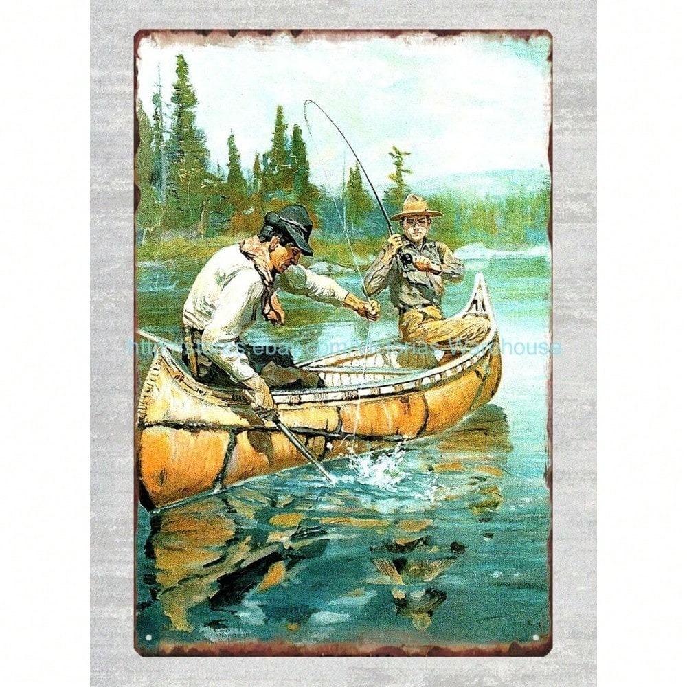Vintage Fishing Scene Metal Tin Sign Wall Art Retro Pub Decor
