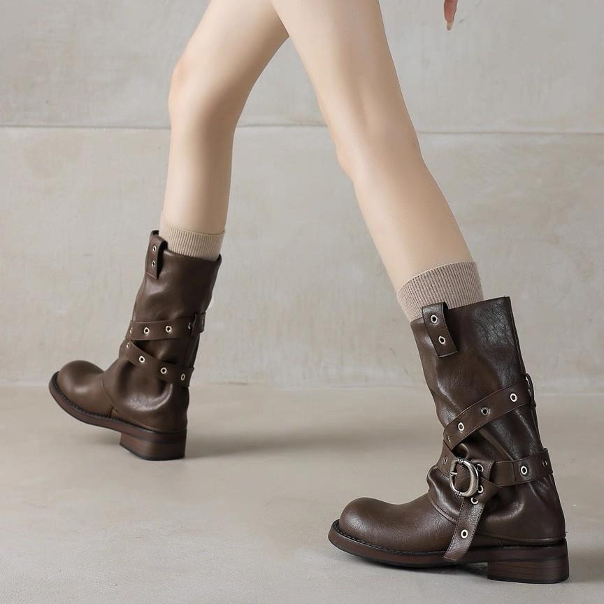 Cowhide Version~ Wasteland Wind Thick Heel Trouser Boots Women's Maillard Boots Genuine Leather Western Cowboy Boots Medium Knight Boots