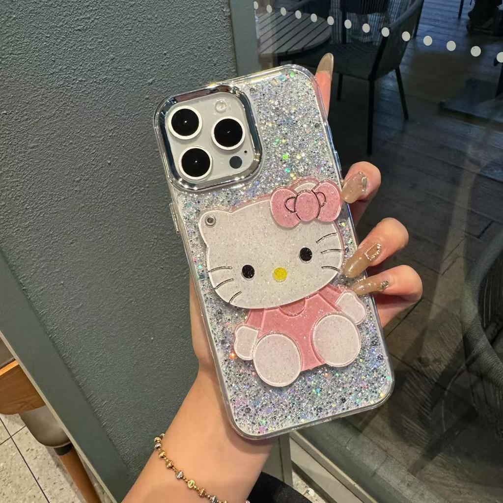 KT makeup mirror is suitable for Apple 15 mobile phone case, transparent glitter, Epoxy 16promax luxury 14 electroplated silver frame.
