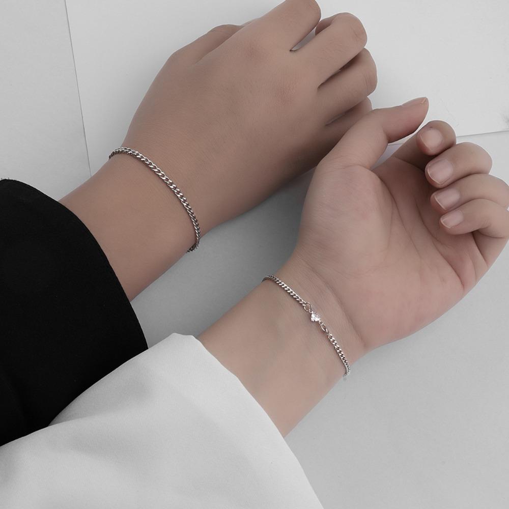 2pcs Set Exquisite Stainless Steel Claw-set Zircon Heart Shape Cuban Chain Couples Bracelets for Men Women Friends Jewelry Sets