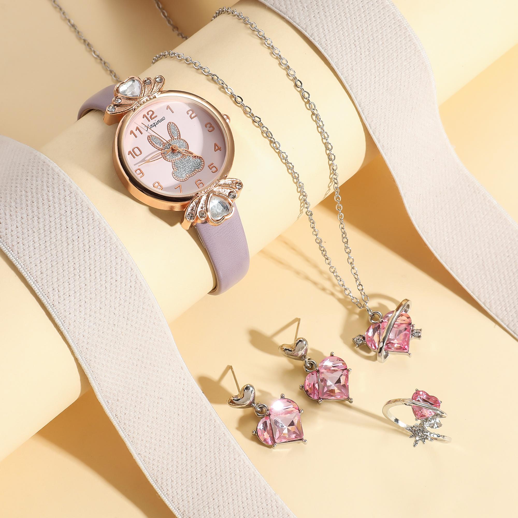 

Ladies exquisite Arabic numerals Small White rabbit printed dial belt quartz watch + heart necklace jewelry set 5pcs/set фиолетовый