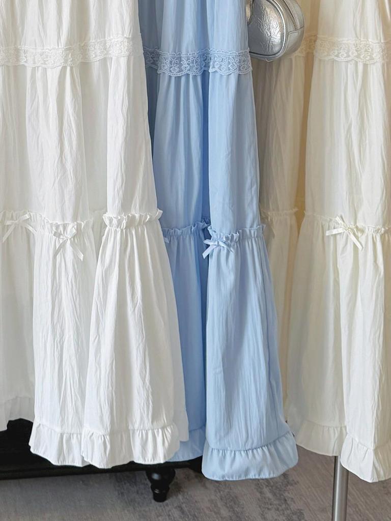 White Bow Layered Ruffled A-line Midi Skirt for Women - Spring/Summer 2026 Collection