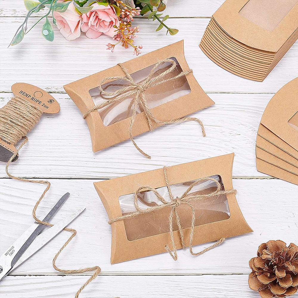 30pcs Kraft Paper Pillow Candy Box with Clear Window for Wedding Favors Baby Shower Birthday Party Supplies Sandy Brown Fold: 7.1x12.2x2cm