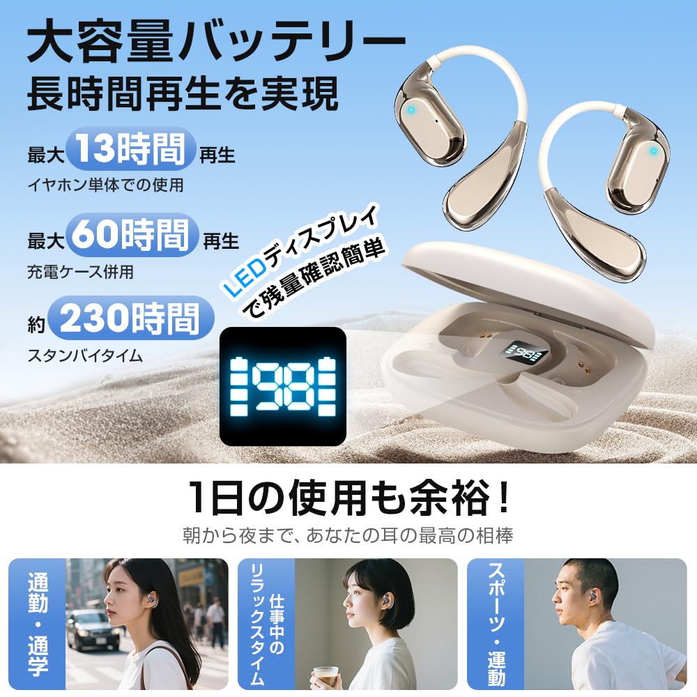Wireless Earbuds Sound Bluetooth Ear 60 Hours of Bone Transformed Air Bluetooth Open No Ear LED Perfect for and Kotsudendo Allow You to Hear Outside