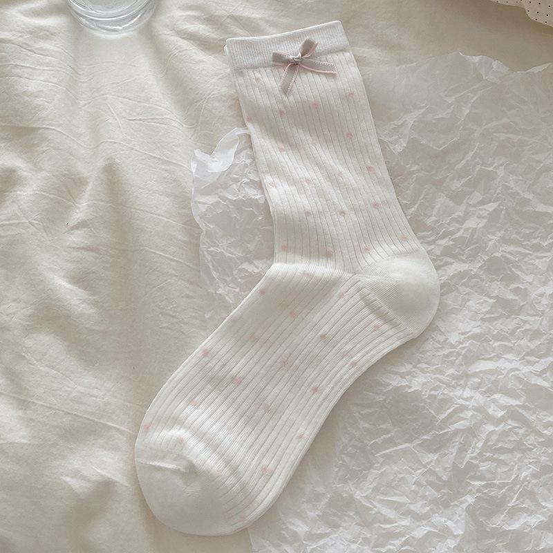 Female Summer Thin Ballet Style Bow Lace Medium Tube Pile Socks