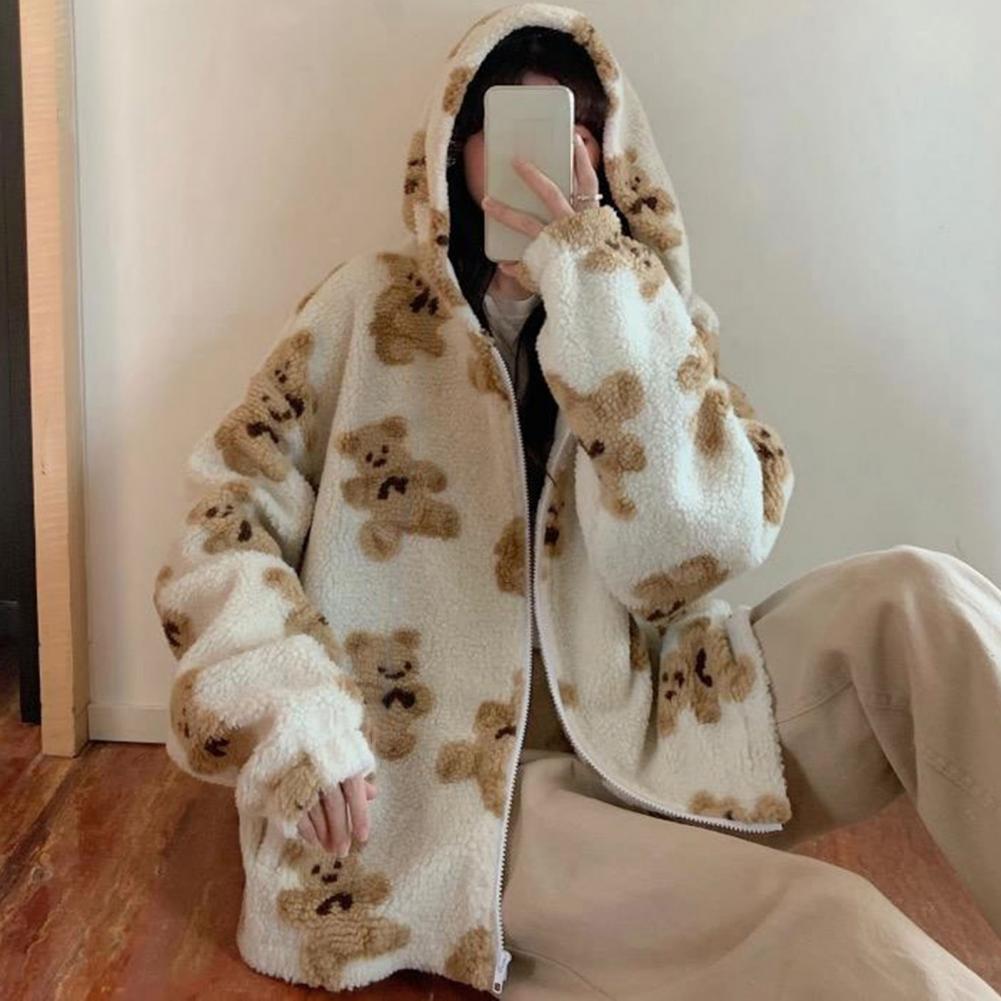 Women Autumn Winter Fleece Hooded Jacket with Drawstring Long Sleeve Pockets Zipper Placket Plush Sweatshirt Coat Heart Bear Pri