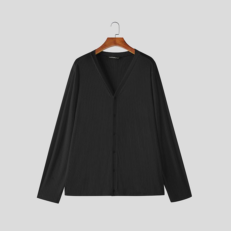 INCERUN Oversized Men Round Neck Long Sleeve Texture Plain Buttons Casual T-shirts Tops