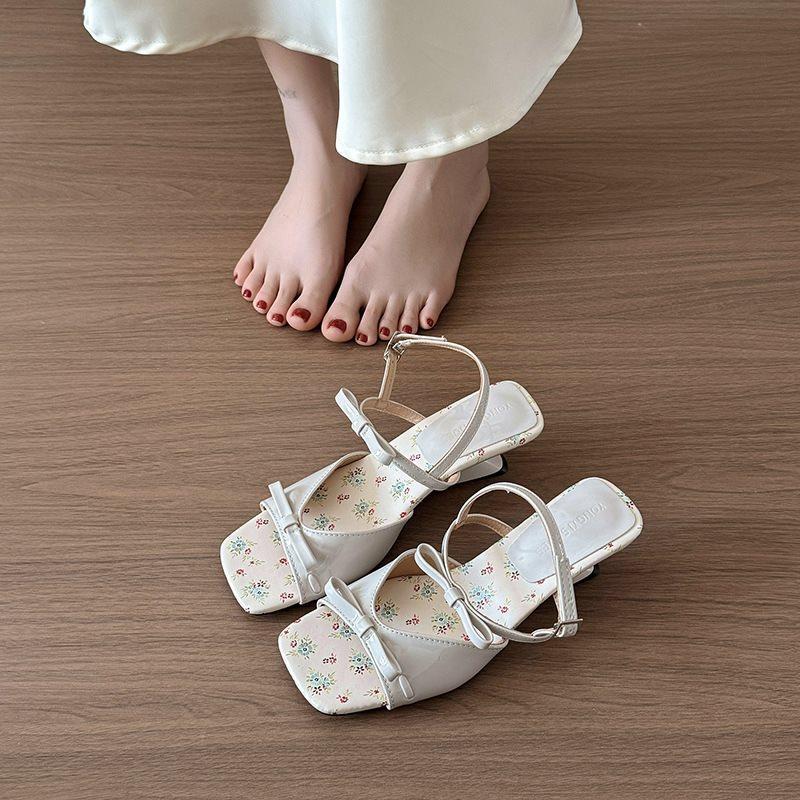 Fashion Summer Square Toe Shallow Women Slippers Bow Elegant Mid Heels Shoes Designer Pumps 2025 Trend Fad New Brand Sandalias De Mujer