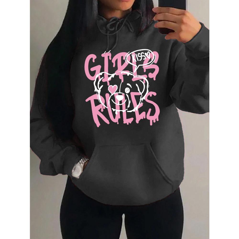 Girls Rules Pink Kiss Cartoon Love Bear Design Women Hoodies Autumn Y2K Hoody Casual Sportswear Fleece Clothes