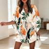 2026 European and American Beach Skirt Women's Summer V-neck Lace-Up Printed Dress Patchwork Polyester Southeast Asia