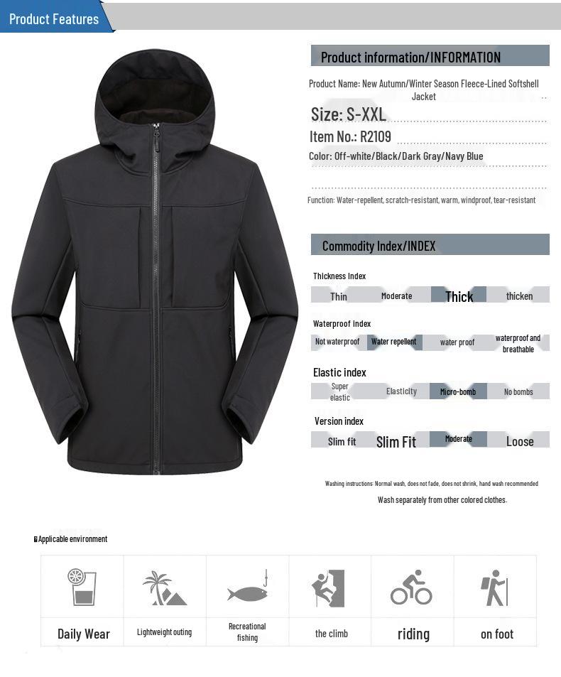 Little Bird's Men's Soft Shell Jacket with Velvet Lining - Autumn/Winter Windproof Waterproof Hiking Coat