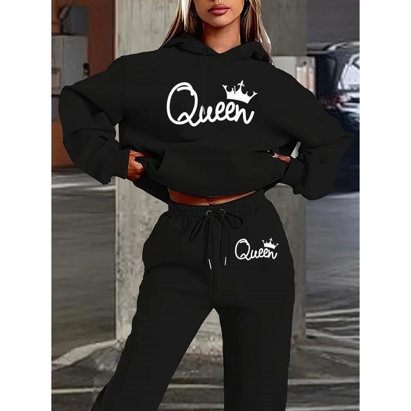Womens Casual Hooded Sweatshirt Loose Pants Set With Letter Print Winter Wear