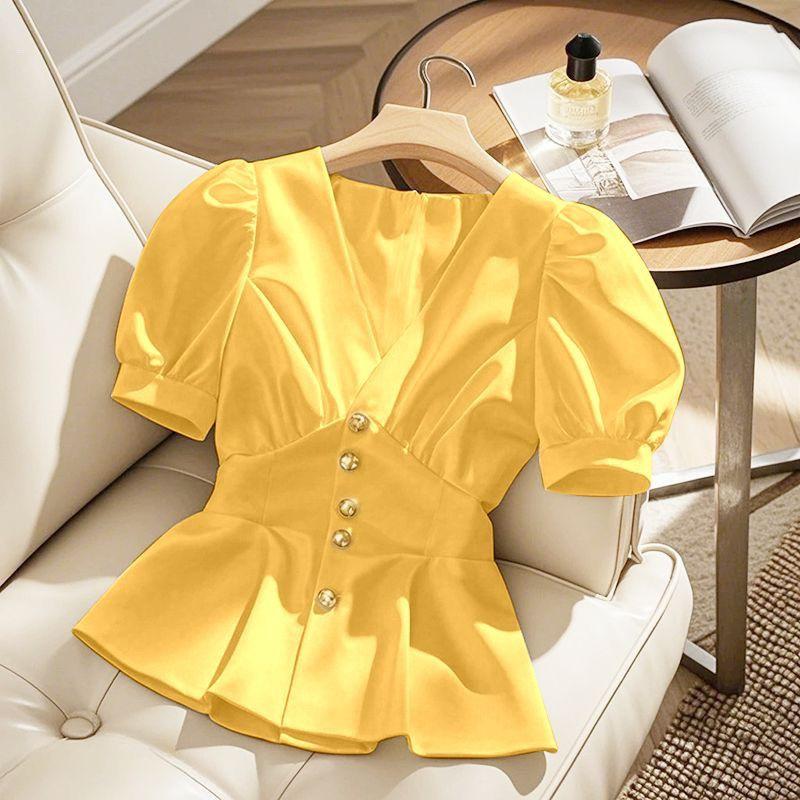 Chic Blue French Niche Short-Sleeve Blouse - Stylish Women's Outerwear for Summer 2026