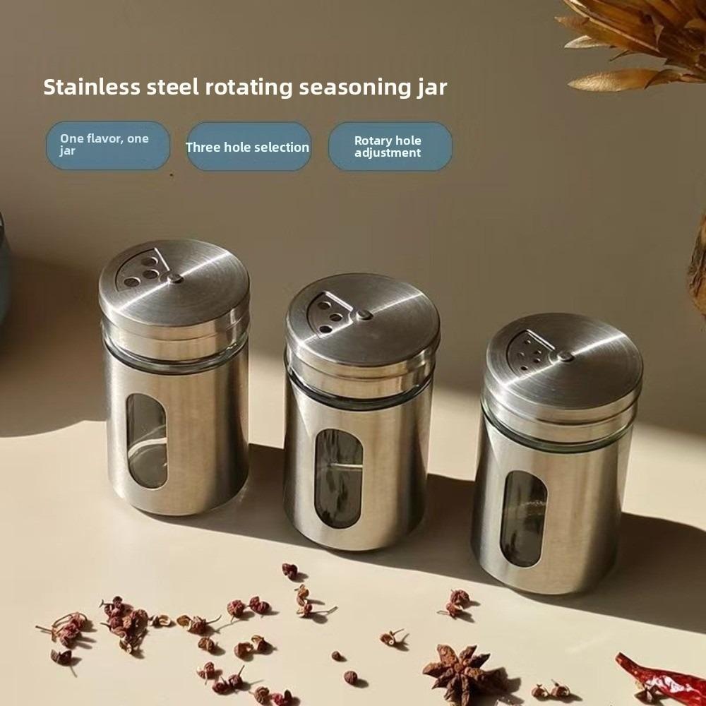 Portable Stainless Steel Seasoning Jars Glass Visiable Spreading Bottle Rotating Multifunction Spice Shaker Kitchen Organizer