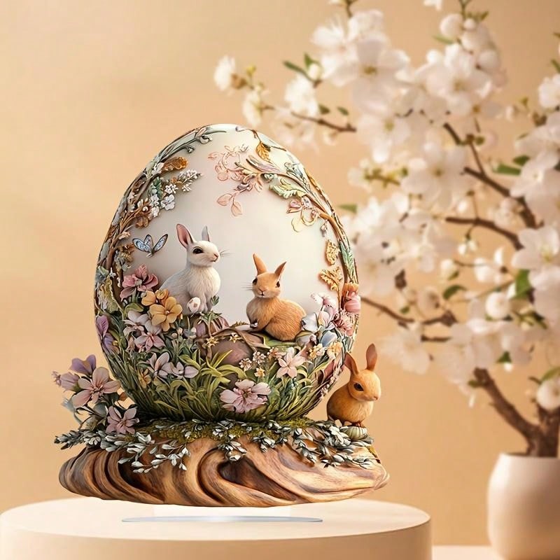 Easter Bunny and Bunny House Tabletop Decoration Ornament. Made of Acrylic, Suitable for Home and Office Decoration.