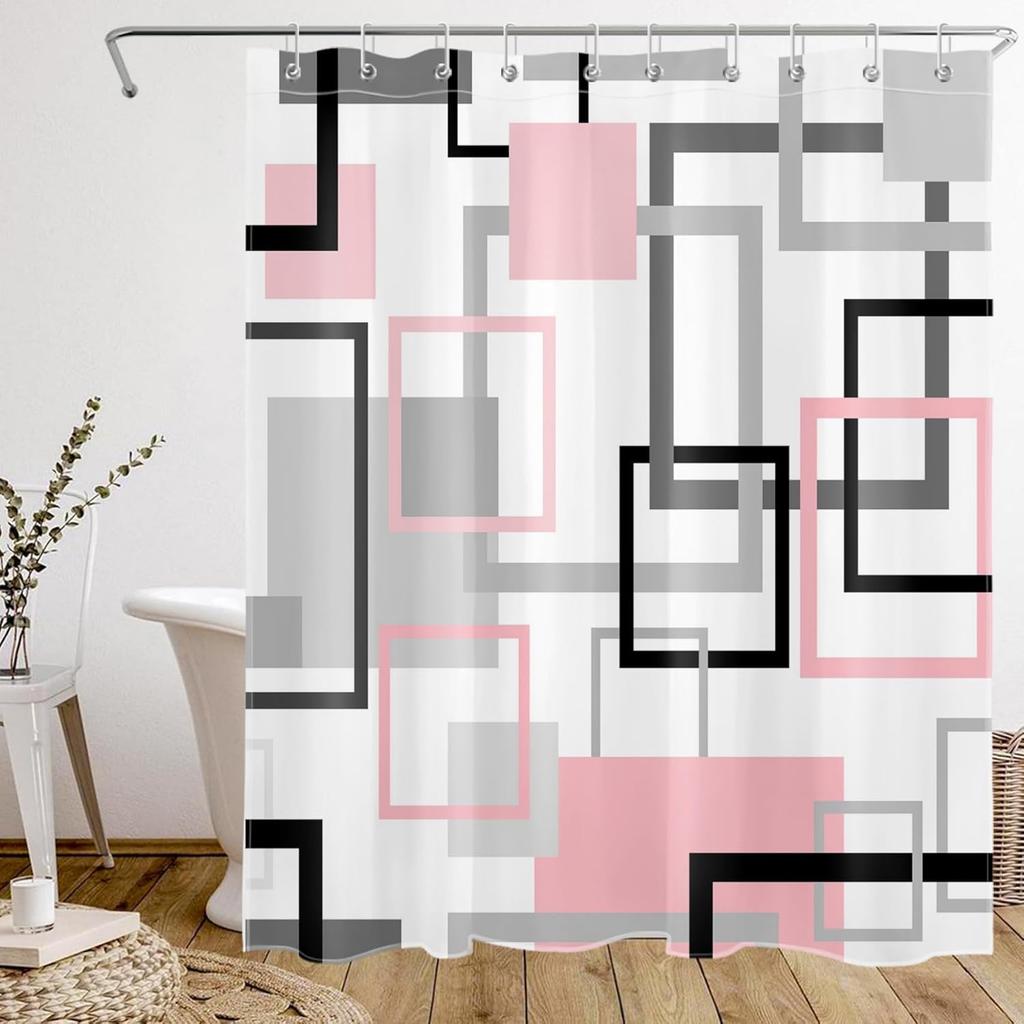 Pink Abstract Geometric Shower Curtain for Bathroom, Pink and Gold Leaf Boho Plant Shower Curtain with Hooks Modern Aesthetic