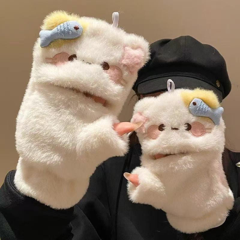 Cute Cartoon Cat Plush Gloves for Girls Winter Flip Cover Half-finger Touch Screen Thickened Warm and Adorable Riding Gloves New