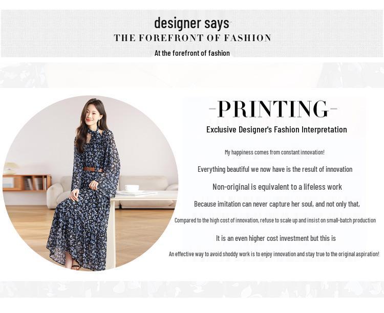 Zhu Zhu Style French Retro Floral Chiffon Dress - Autumn Slim Fit Long-Sleeve Maxi