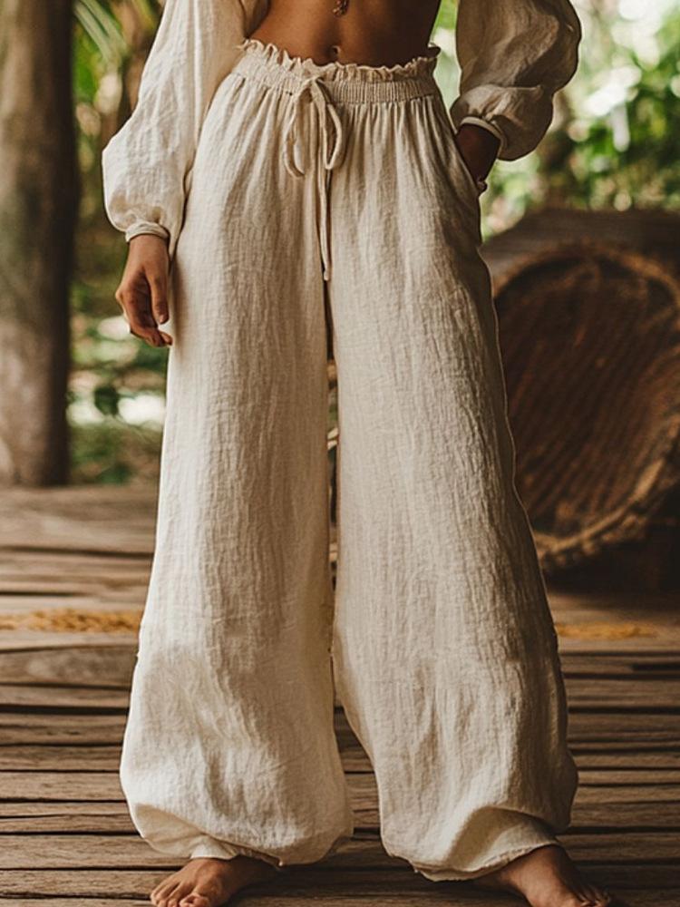 Women's High Waist Drawstring Wide Leg Pants Loose Fit Casual Trousers Multi Colors