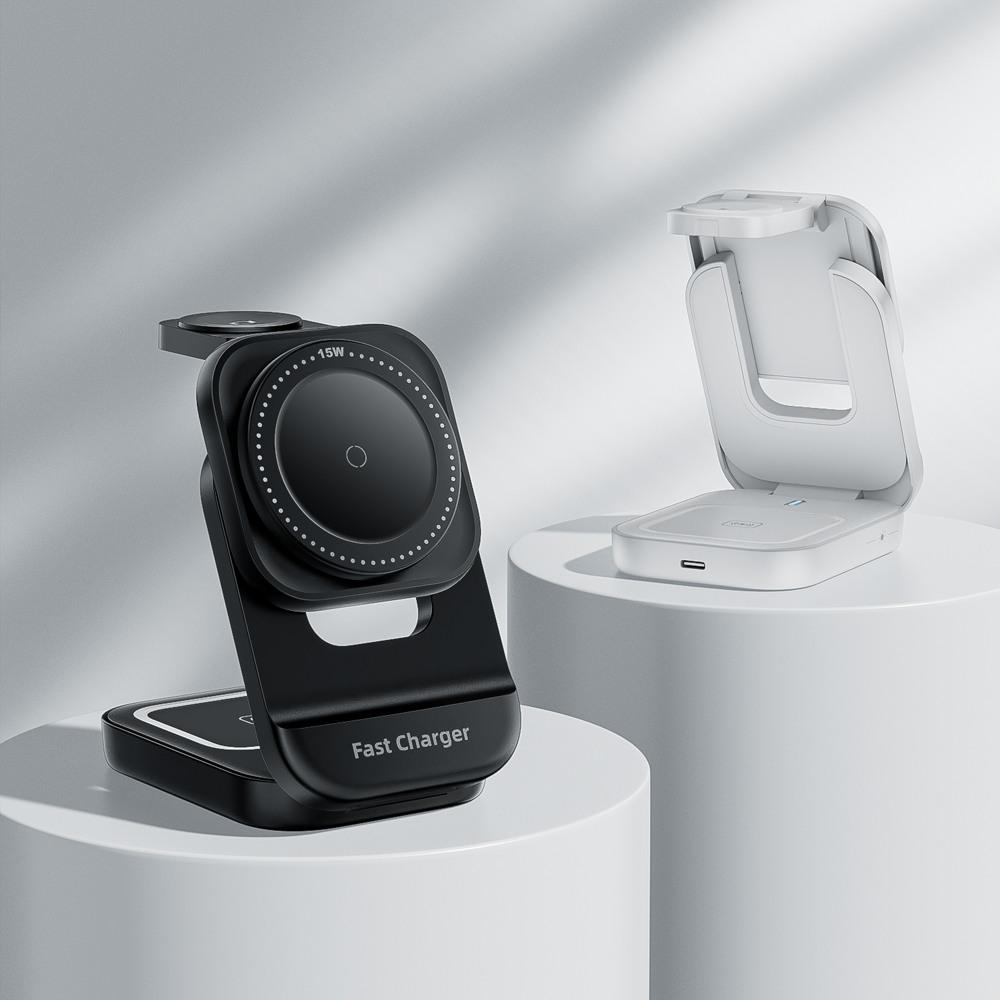 HT-542 3 in 1 Foldable 15W Magnetic Wireless Charger for Phone/Earbuds/Watch Phone Stand with Night Light