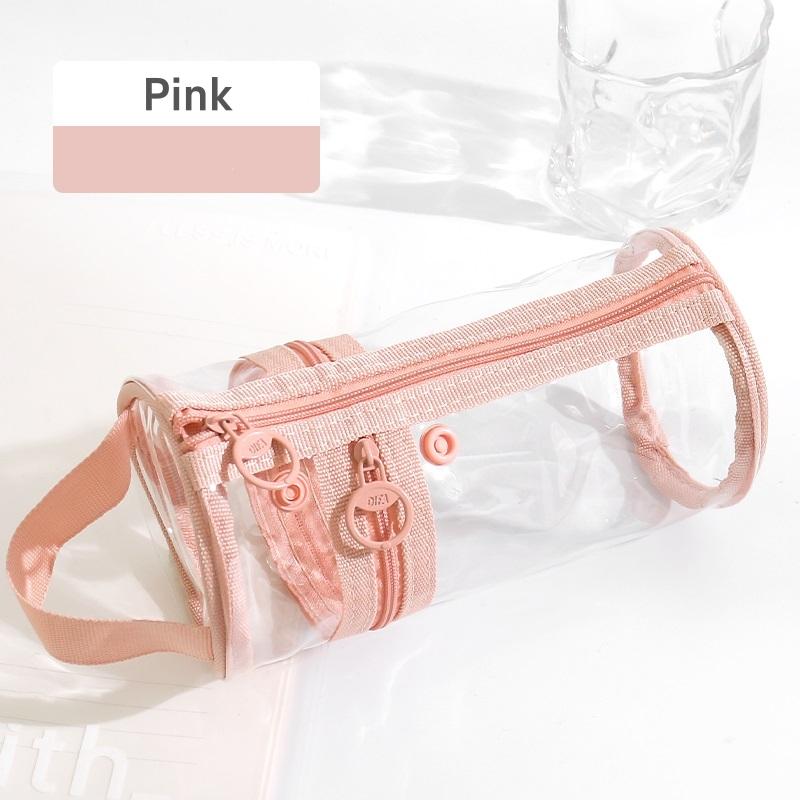 

High Appearance Cylindrical Pencil Bag Desktop Pen Holder Simple Transparent Large Capacity Mesh Pencil Case Waterproof Portable рожевий