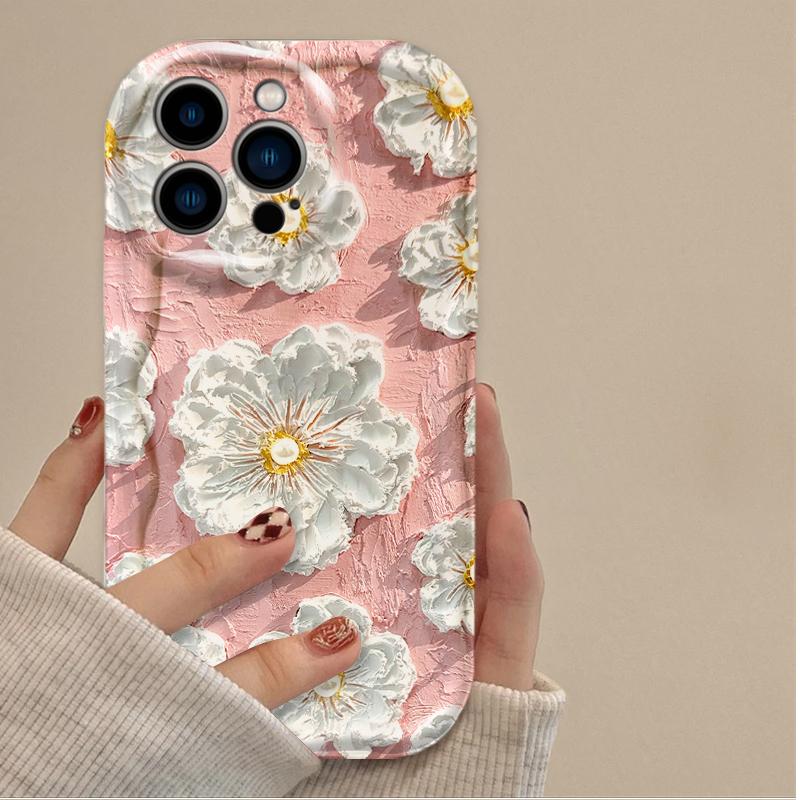 

Oil Painting Flowers Wave Phone Case For Samsung Galaxy S26 S24 S25 S23 Ultra S22 S21 S20 Plus FE A15 Cream Wavy-edge Cover Galaxy S25+
