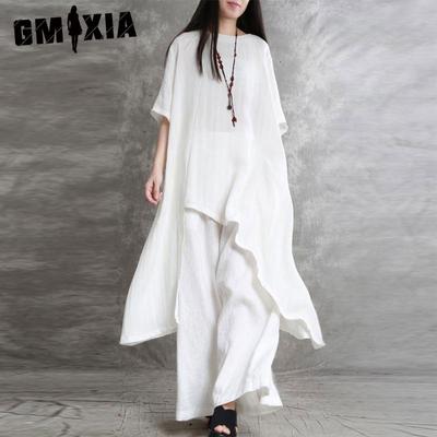 Damen Übergröße Baumwolle und Leinen 2-teiliges Freizeit-Sportbekleidungsset, Kurzarm-O-Ausschnitt-Oberteil und Hose