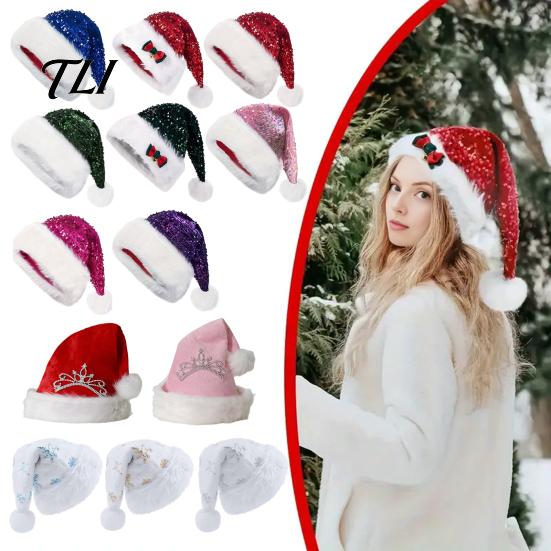 Universal Fit Santa Claus Hat Christmas Sparkly Sequins for Adults, Velvet Plush Glitter Bling Skin Friendly Seasonal with Fluffy Pompom Xmas New Year