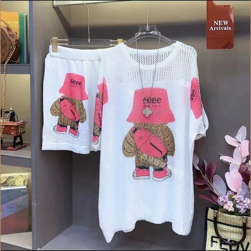 Plus Size Women's Summer Bear Print Knitted Two-Piece Shorts Suit