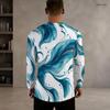 Men s Plus Size Notch Neck Long Sleeve Blue White Abstract Wave Printed Pullover Shirt