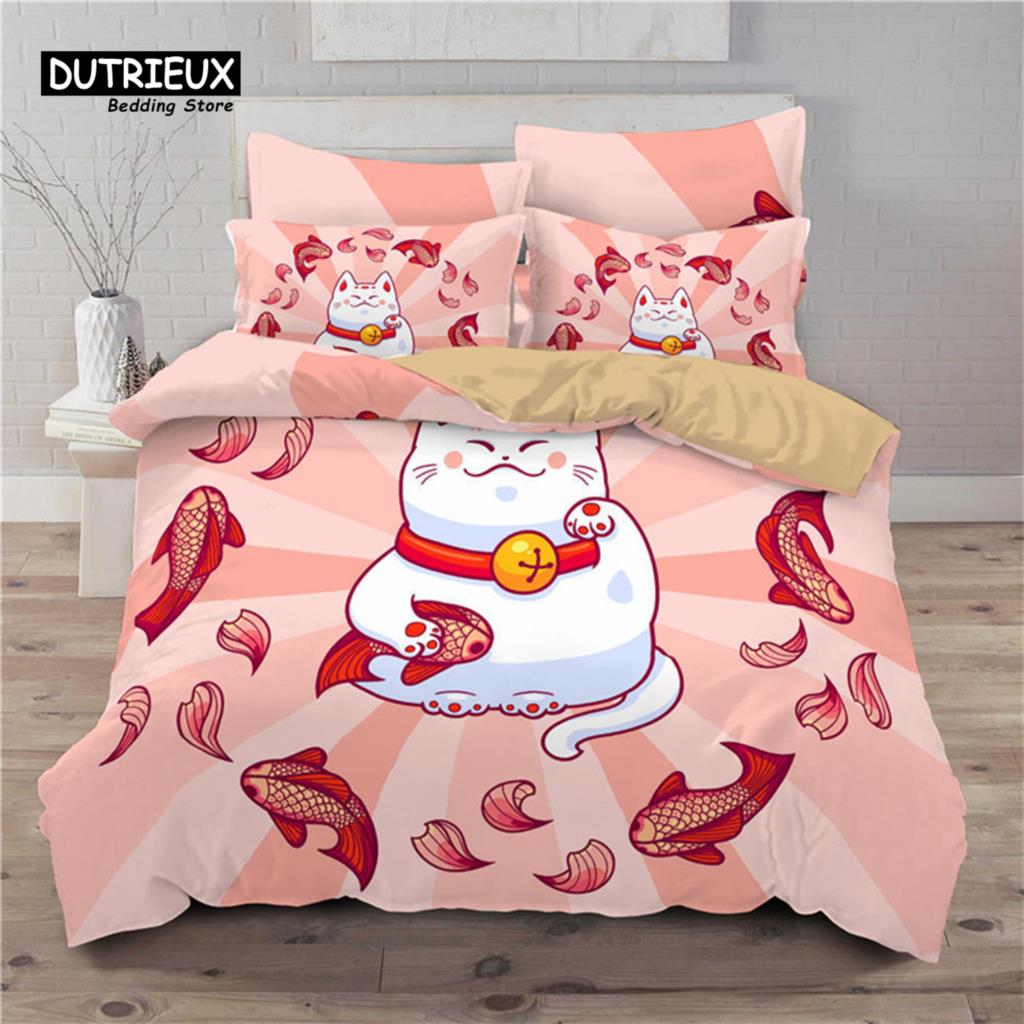 Lucky Cat Bedding Set For Kids Girls Boys 3D Print Floral Duvet Cover Set Microfiber Chinese Traditional Style Comforter Cover