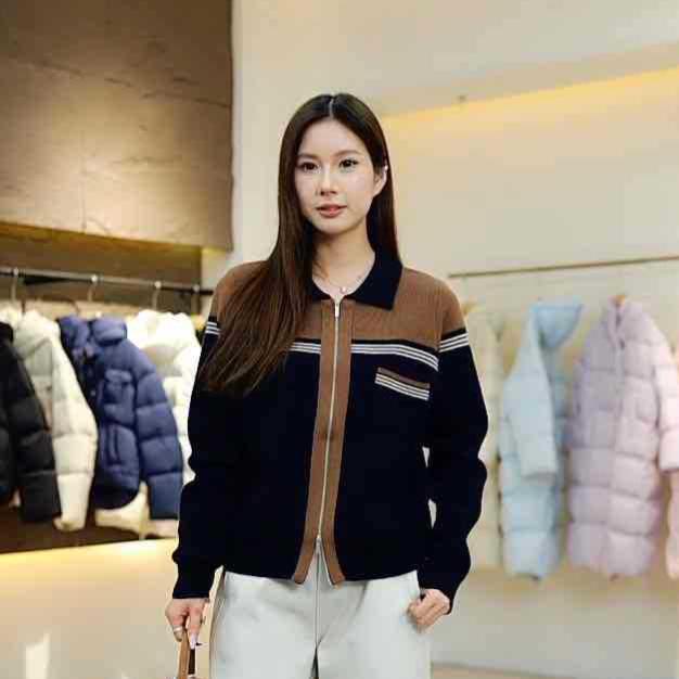 

High Design Color Block Double Zipper Lambswool Cardigan One Size какао коричневый