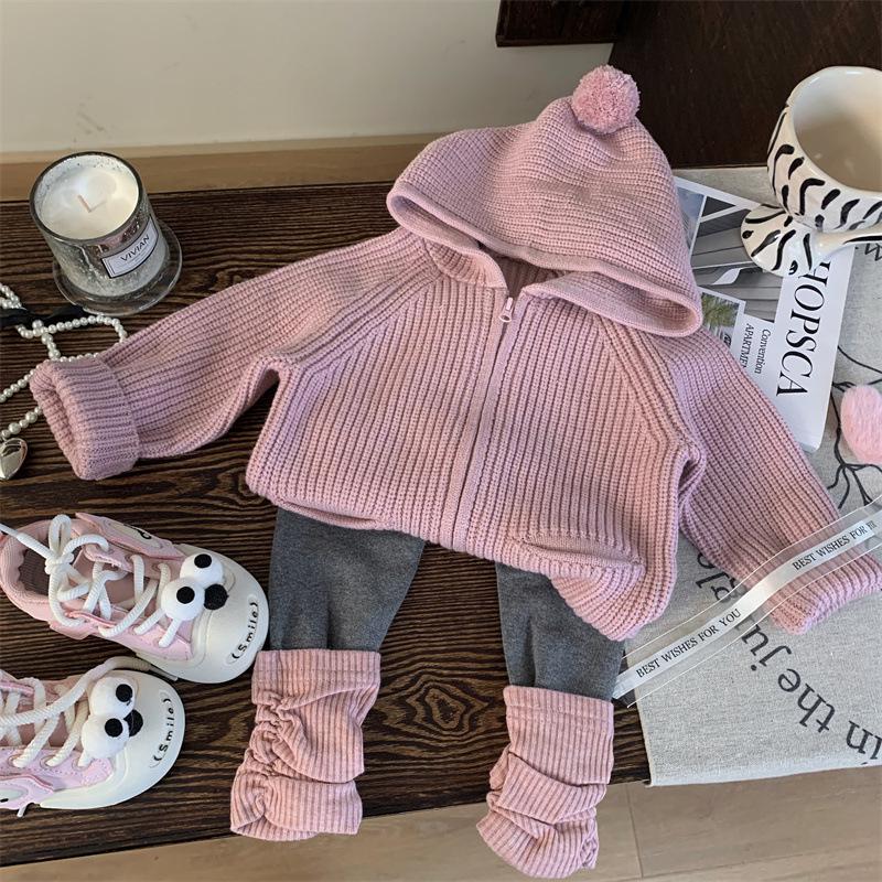 

Korean Style 2024 Autumn Girls Hooded Knit Cardigan & Color Block Leggings Set 110cm