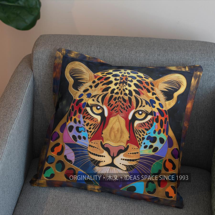 2D Jaguar Faces With Ethnic Pattern Pillow Cover Pattern Cushion Cover Suitable For Sofa Bedroom Car Pillow Cover