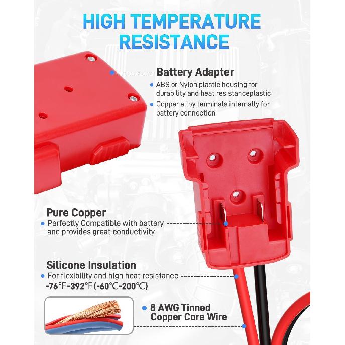 Jumper Cables Adapter With Alligator Clips Compatible With Milwaukee M18 18V Battery, 2FT 8AWG Silicone Wire Jumper Starter, Automotive Booster Cable