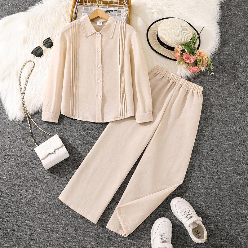 

Детская одежда Осень Зима Новинка Рубашка с лацканами и плиссированными рукавами с длинным рукавом Повседневные брюки с широкими штанинами Комплект из 2 предметов 12Y белый