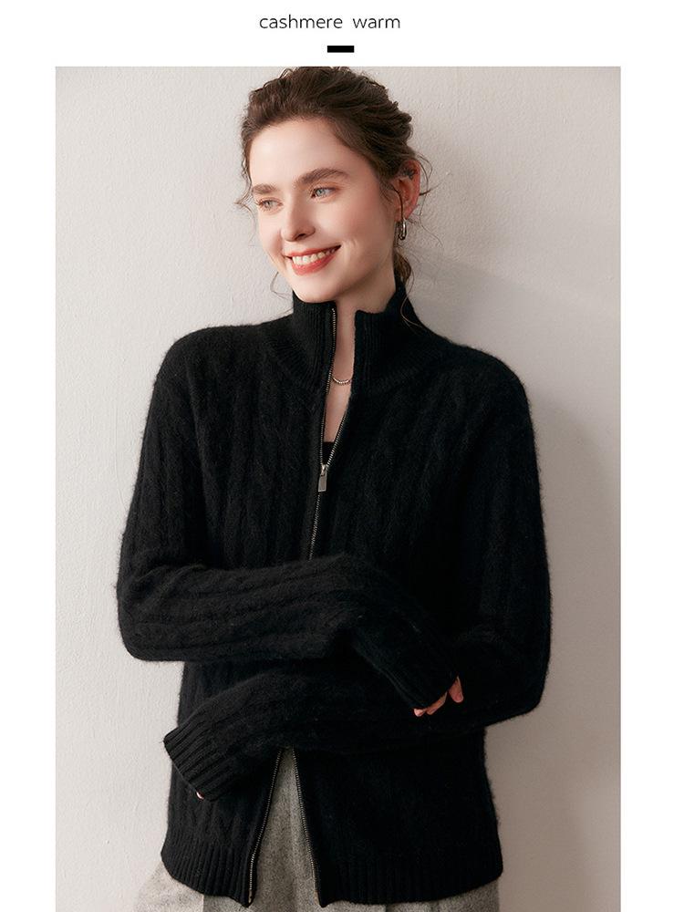 Luxury Double Zipper Heavy Duty Cable Knit Cashmere Cardigan for Women - High Neck, Loose Fit, Slimming, Thick Sweater Coat