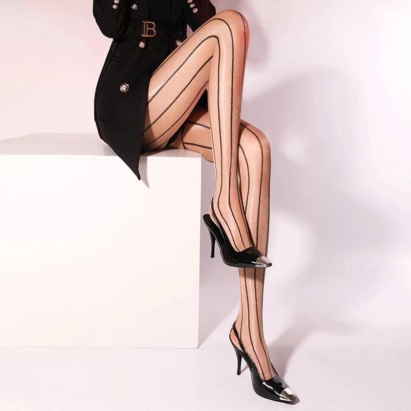 Sexy Women Flash Shiny Silky Pantyhose Slimming Vertical Stripes Eight Lines Ultra-Thin Stockings Ol Party Dance Ootd Tights