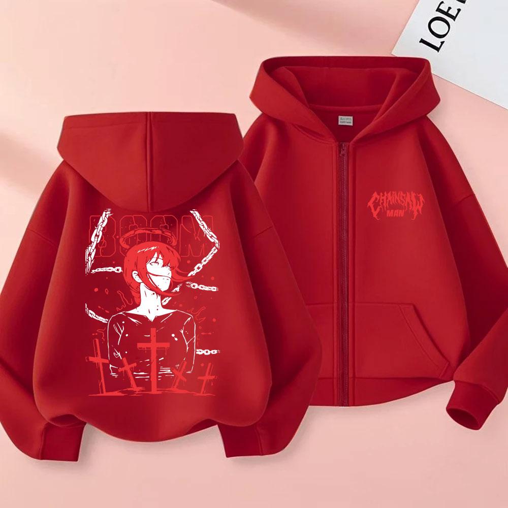 Anime Chainsaw Man Makima Graficzna Bluza z Kapturem na Zamek Męska Damska Moda Vintage Oversize Rozpinana Kurtka Unisex Dla Miłośników Mangi Fanów Prezent