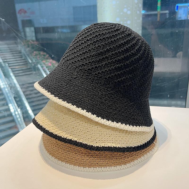 Women's Summer Hollowed-Out Fisherman Hat Contrast Trim Bucket Hat Versatile Face-Flattering No-Makeup Sun Hat
