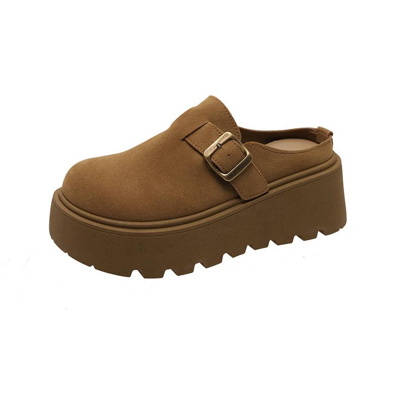 Frosted thick-soled inner height-increasing women's shoes, spring and autumn half-towing bag head, one foot pedaling lazy slippers