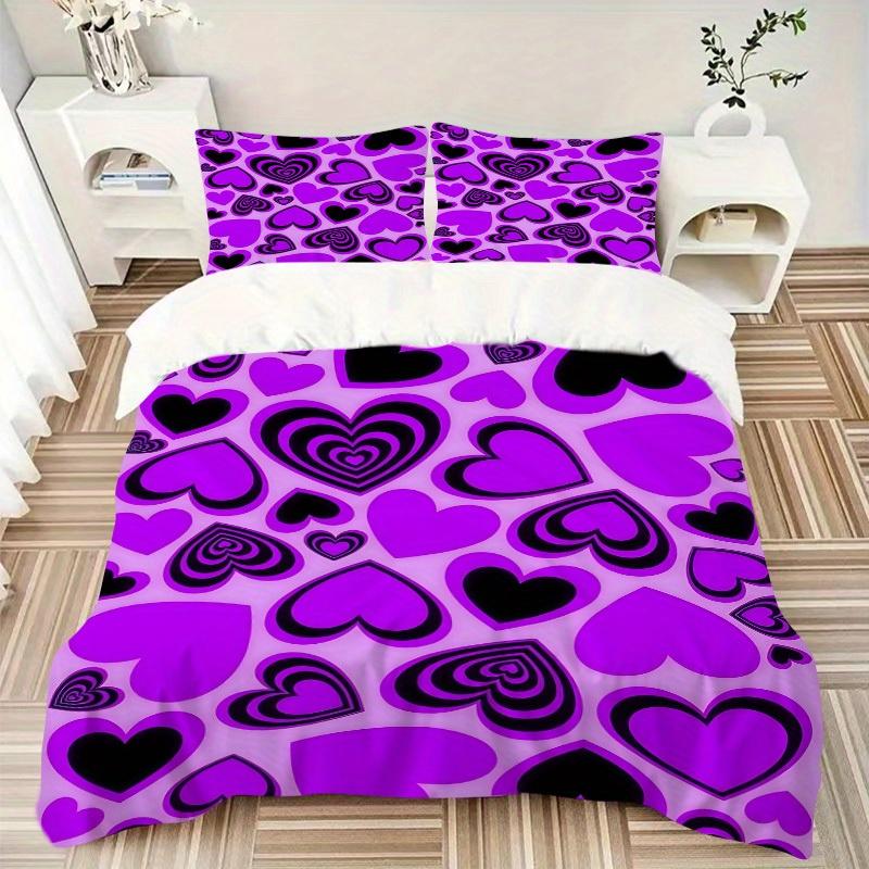 3pcs Purple Heart Pattern Bedding Set, Breathable and Soft, Suitable for All Seasons, Ideal for Home Use, Suitable for Bedroom Decor 21174