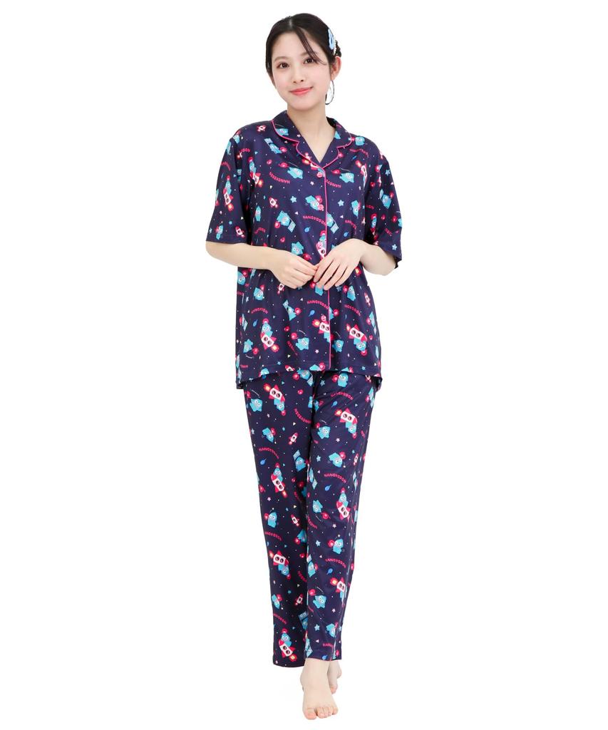 SAZAC Cosmic Hangyodon Shirt Powder Stretch Short Sleeve and Long Pants Loungewear Pajamas, Fabric, Women's Set, (Navy/L/SAN1953)