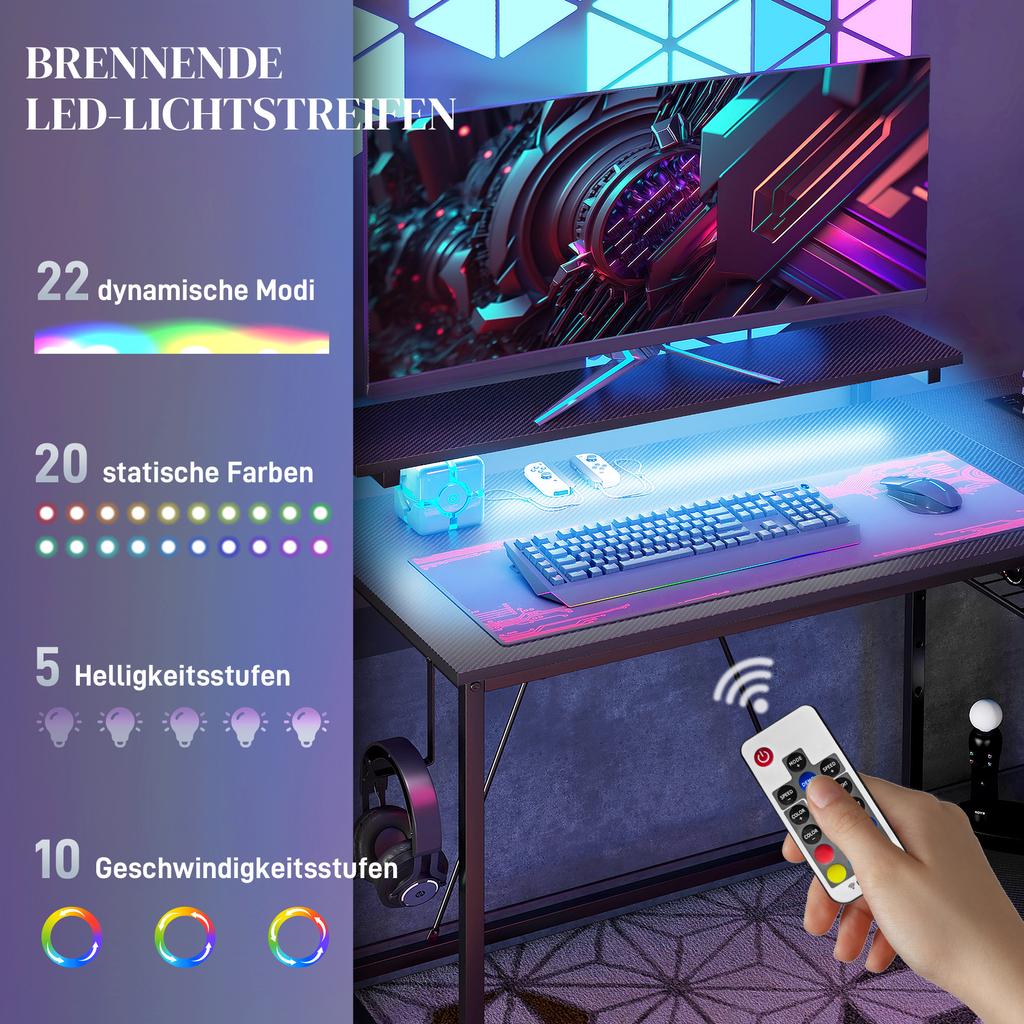 Scrivania a L con LED, Prese, USB, Scrivania per Computer Reversibile con Mensola, 107 x 80 x 90 cm, Nero