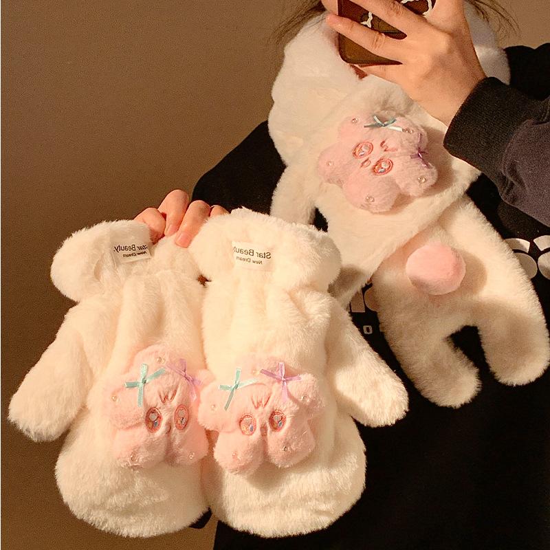 Cute Stars Plush Finger Gloves Women Winter Plush Thickened Warm Cold Furry Cycling Student